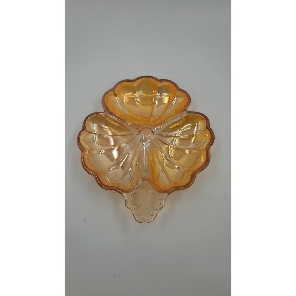 Jeanette Glass Carnival Glass ‎ Amber/Marigold Thee Leaf Clover Divided Dish